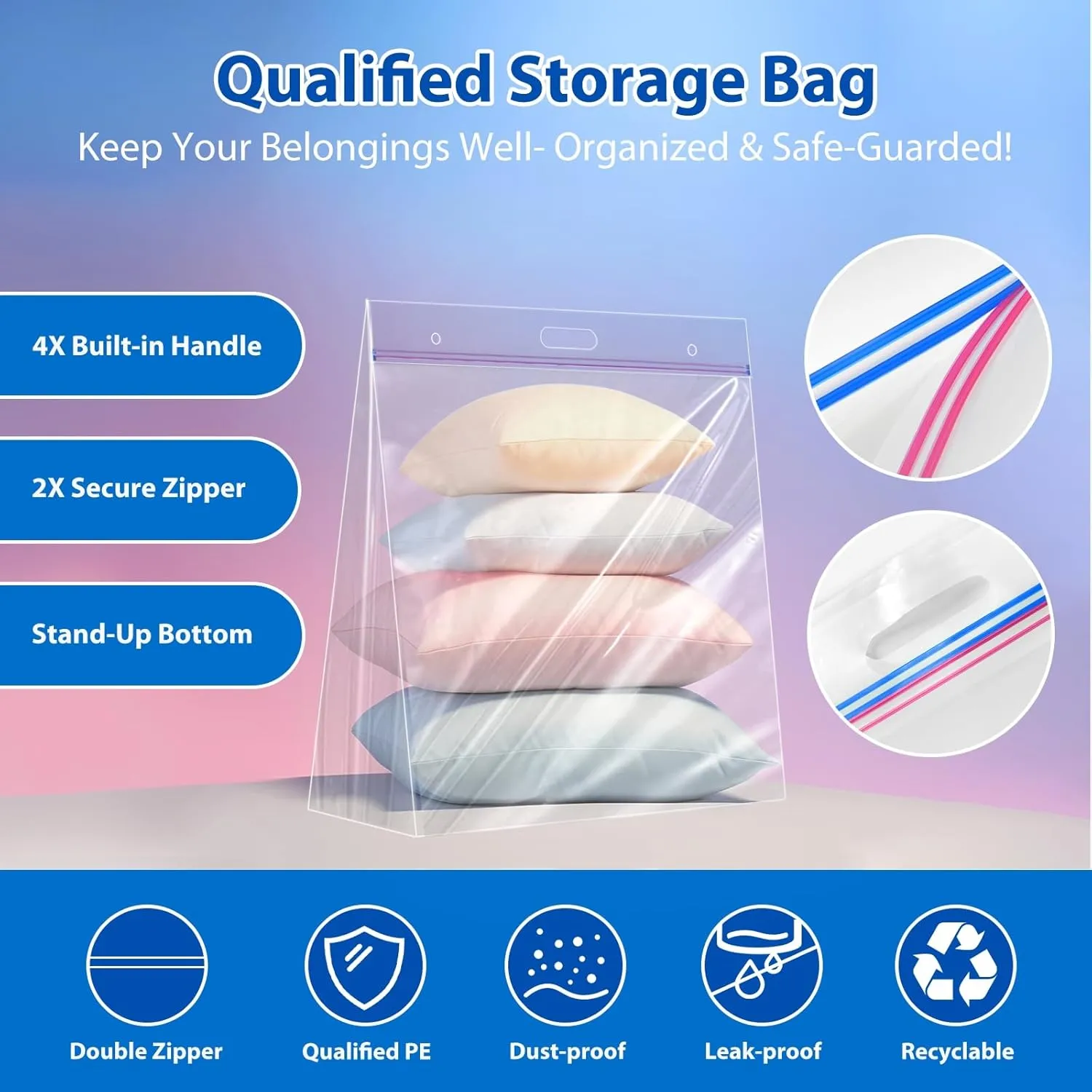 10 Gallon Large Handy Storage Bags, Pack of 3, 24"x24" Clear Plastic Zipper Storage Bags with Handle, Resealable Heavy Duty Jumbo Ziplock Storage Bag for Linens, Clothes, BabySports, 3 Mil Thick