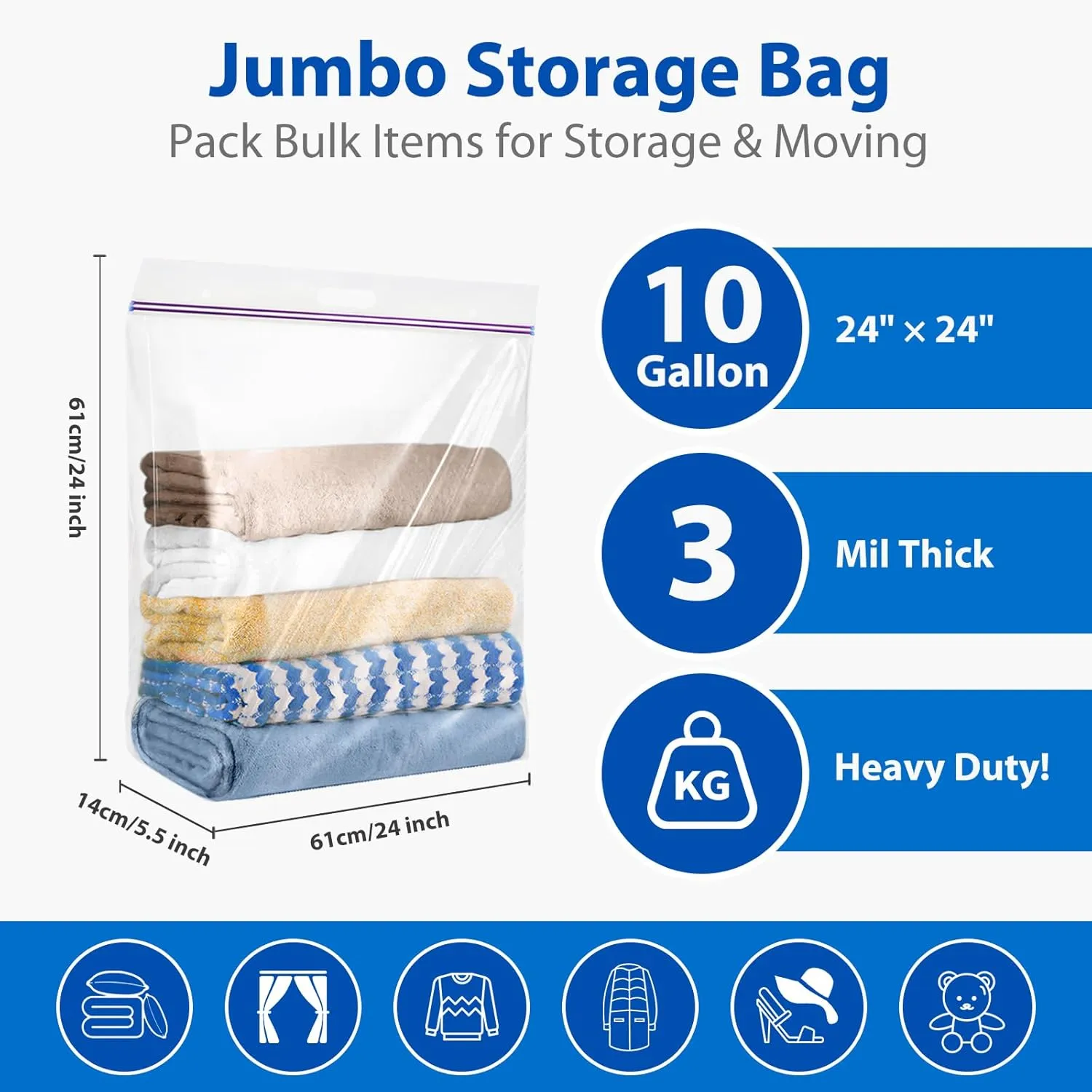 10 Gallon Large Handy Storage Bags, Pack of 3, 24"x24" Clear Plastic Zipper Storage Bags with Handle, Resealable Heavy Duty Jumbo Ziplock Storage Bag for Linens, Clothes, BabySports, 3 Mil Thick