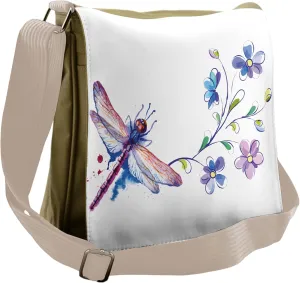 Ambesonne Vintage Messenger Bag, Ivy Flowers Dragonflies, Unisex Cross-body