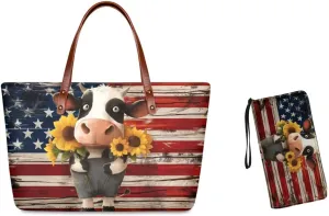 American flag hunting print 2 pcs purse set with wallet casual large capacity shoulder tote bag