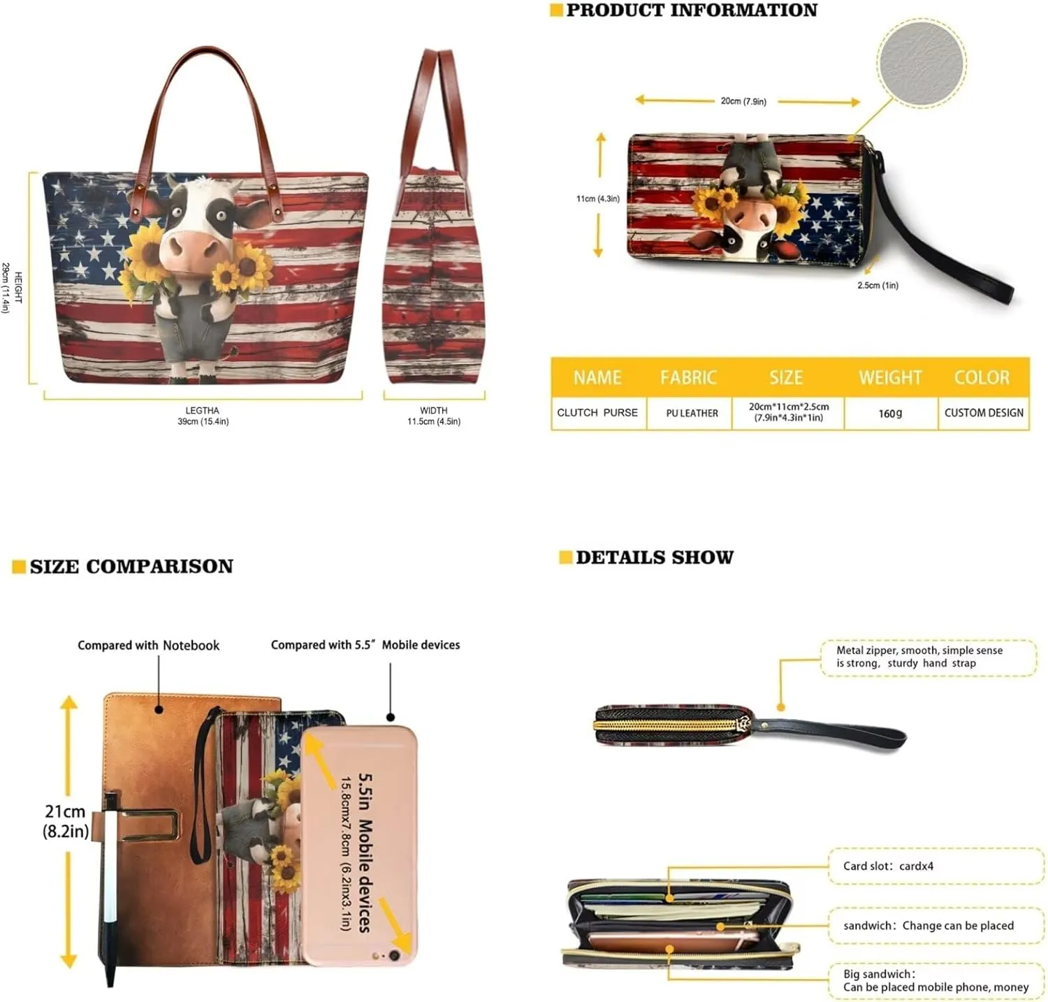 American flag hunting print 2 pcs purse set with wallet casual large capacity shoulder tote bag
