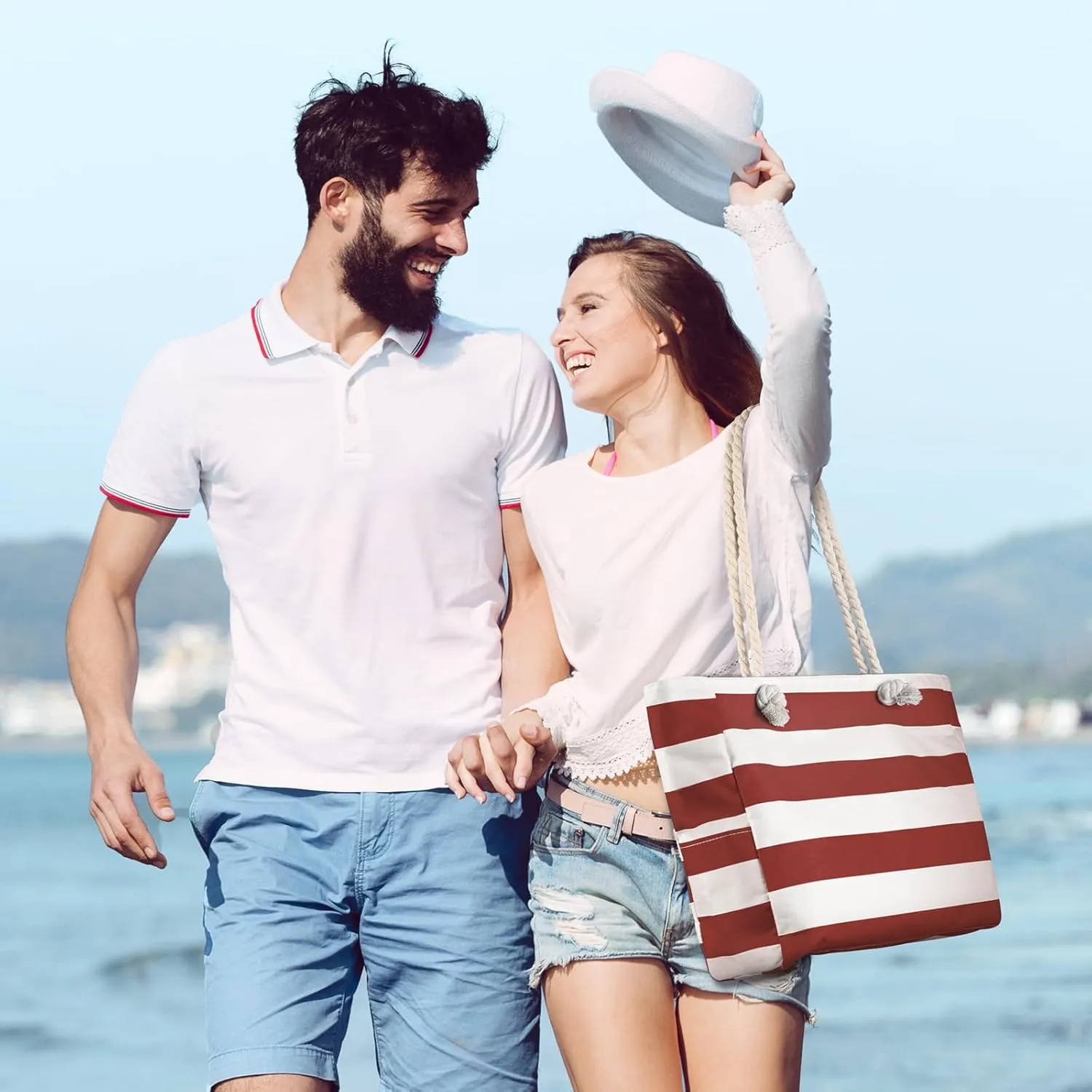 Beach Bags For Women - Large Beach Bags with Zipper Waterproof Sandproof Swim Pool Beach Bag