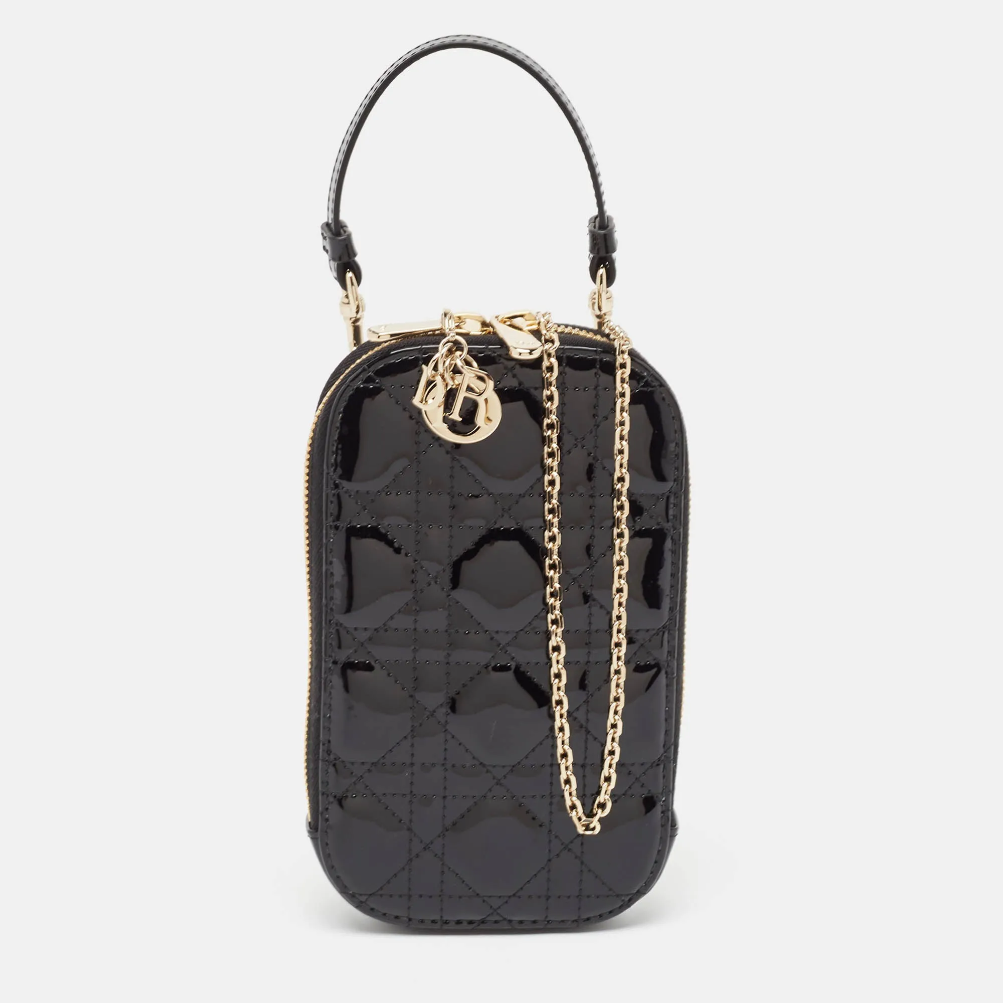 Black Cannage Patent Leather Call'in Chain Phone Holder