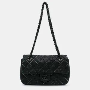 Black Lambskin Leather Studded Metal Beauty Flap Bag