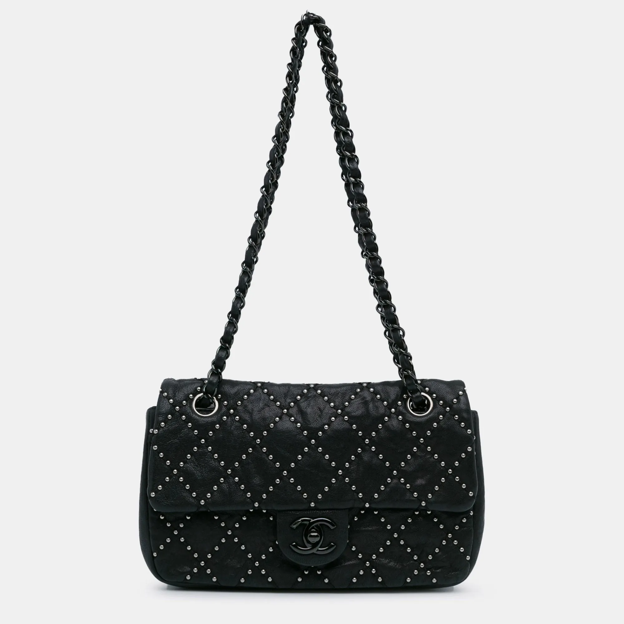 Black Lambskin Leather Studded Metal Beauty Flap Bag