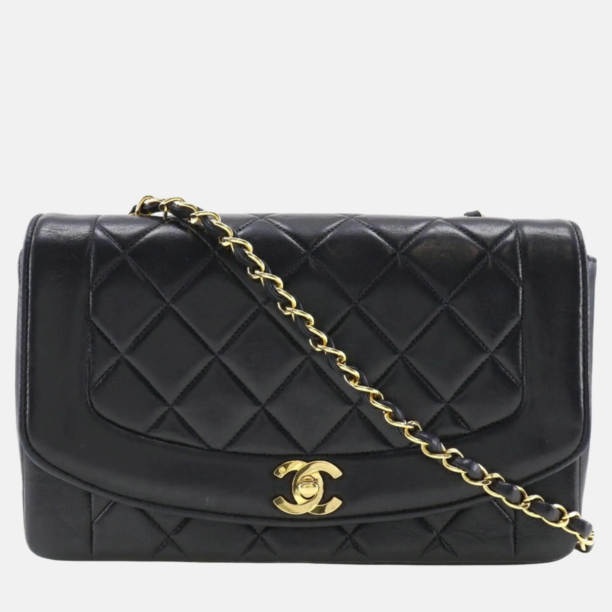 Black Leather Medium Vintage Diana Shoulder Bag