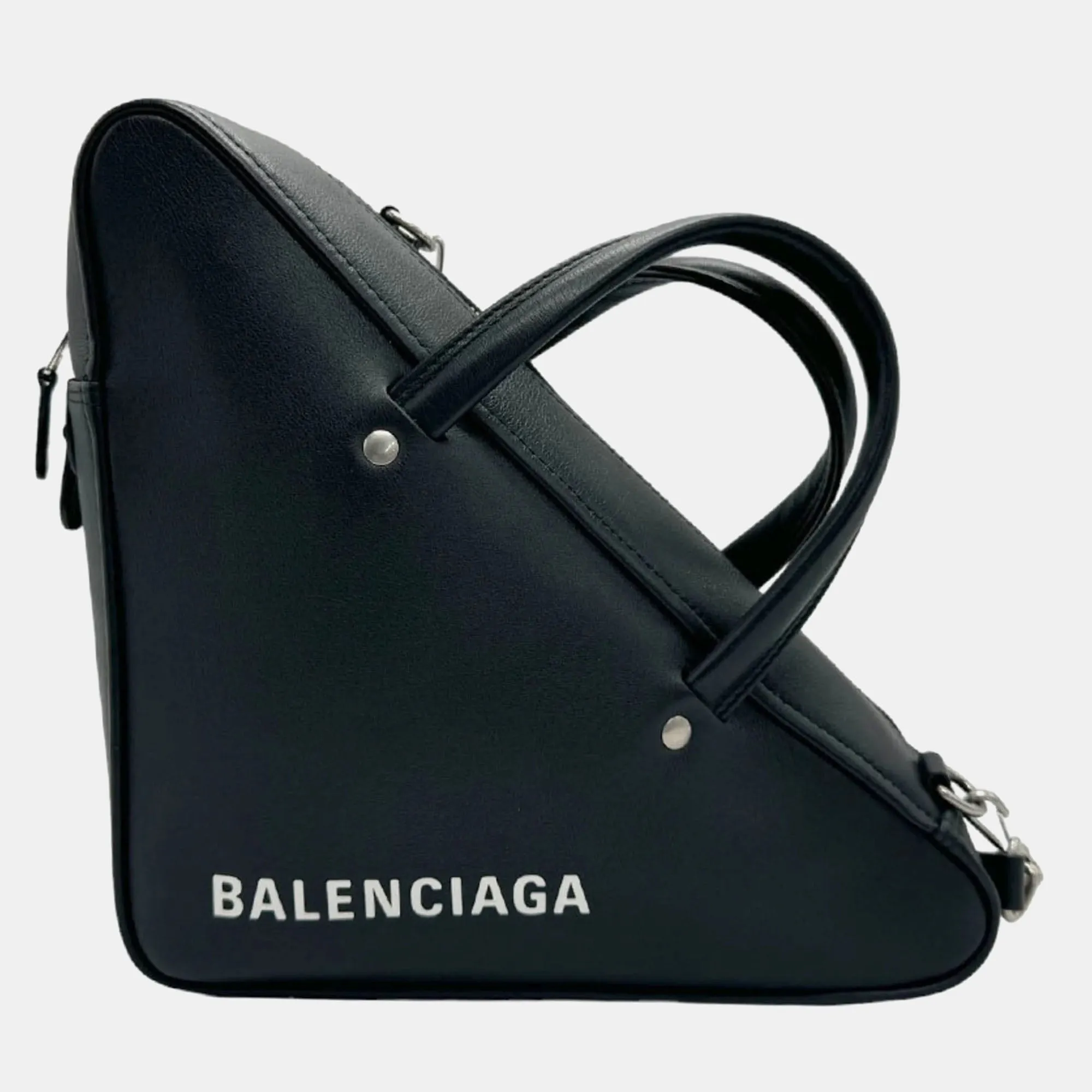 Black Leather Triangle Duffle Shoulder Bag