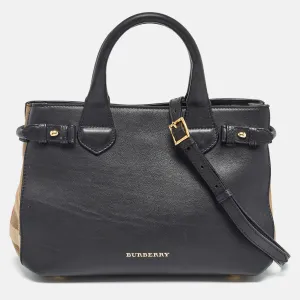 Black/Beige Leather and House Check Canvas Small Banner Tote