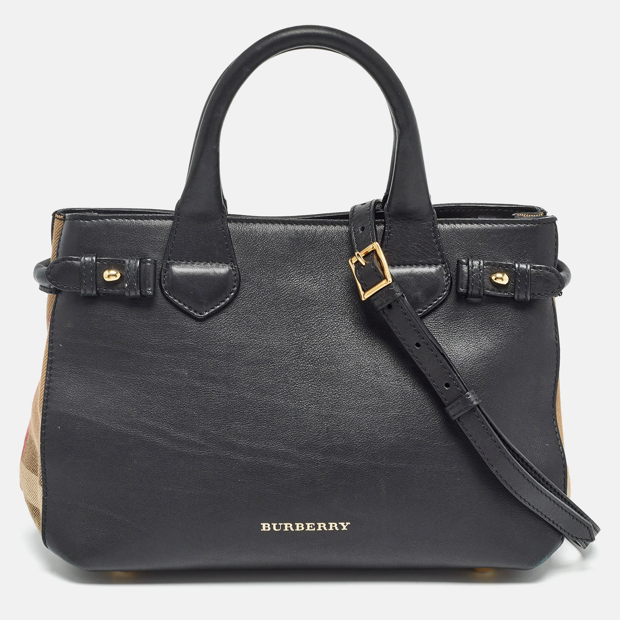 Black/Beige Leather and House Check Canvas Small Banner Tote