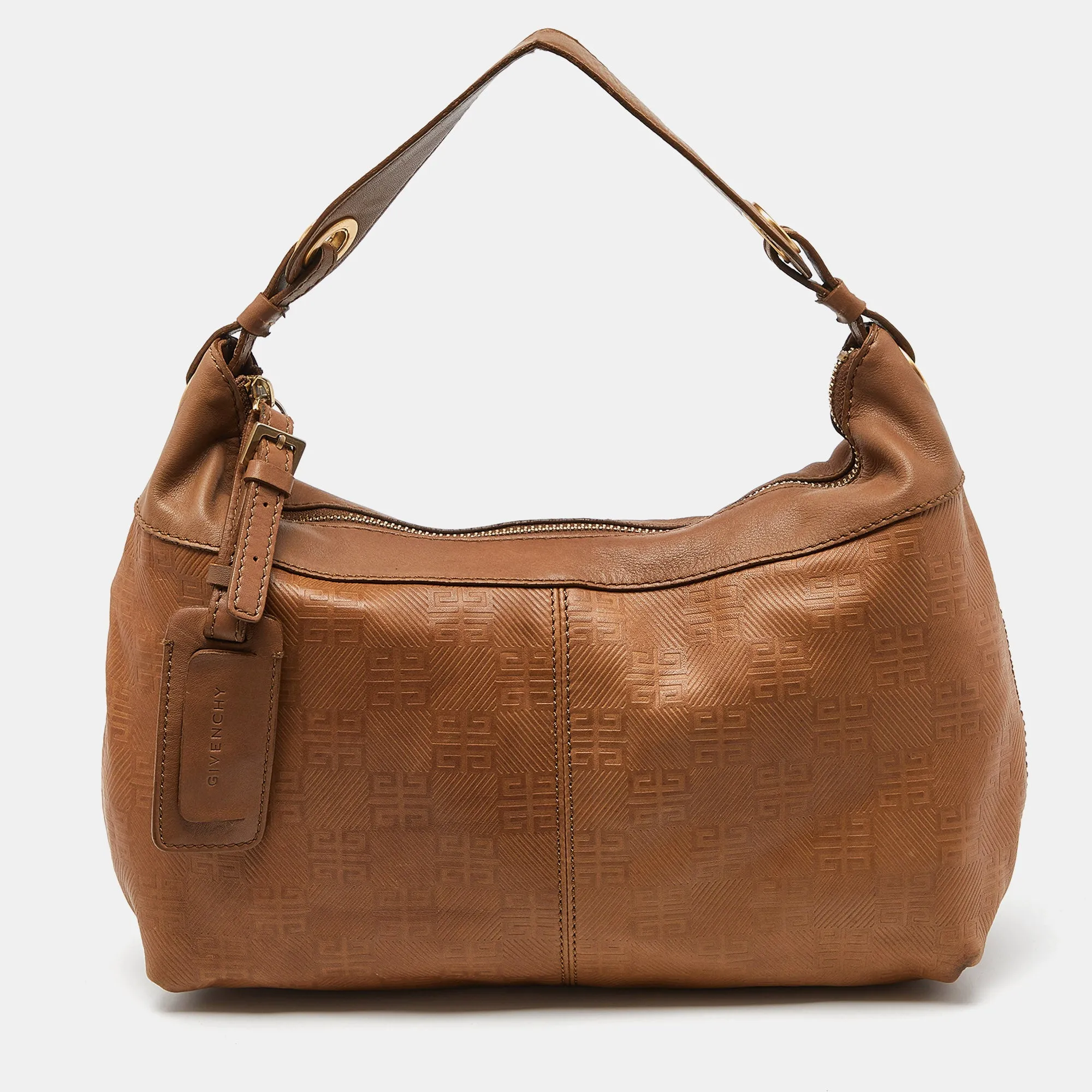 Brown Embossed Logo Leather Hobo