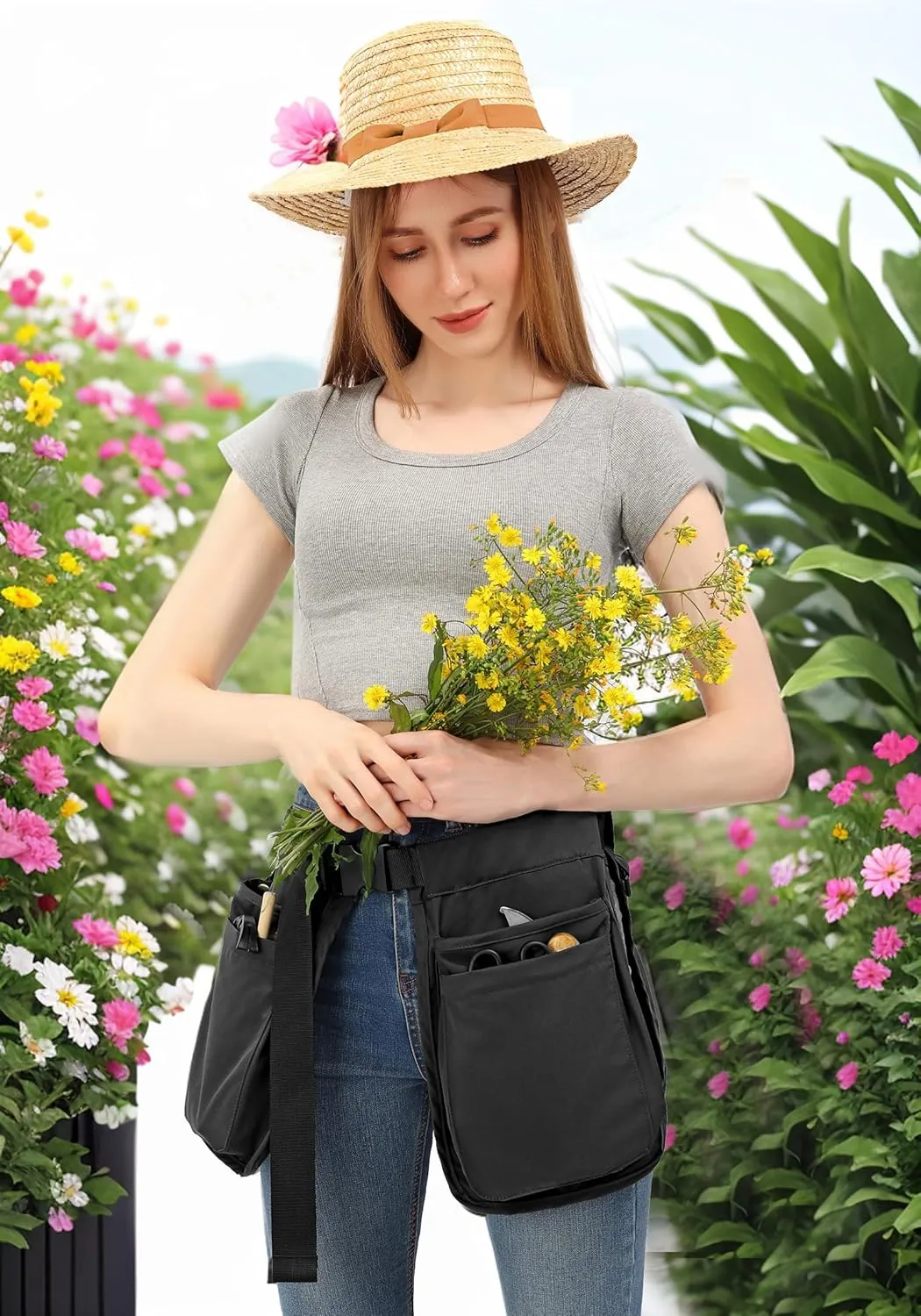 C-ZOFEK Multi-pocket Waist Belt Apron Bag for Women/Men, Garden Tools for Gardener, Black