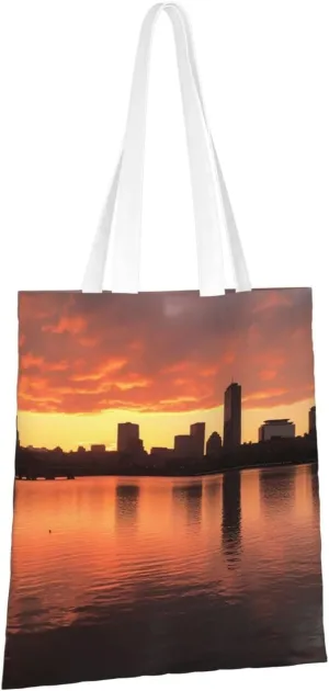 Canvas Aesthetic Tote Bag for Women Handbag Boston Charles River City Skyline Sunset Reusable Grocery Bags with Handles