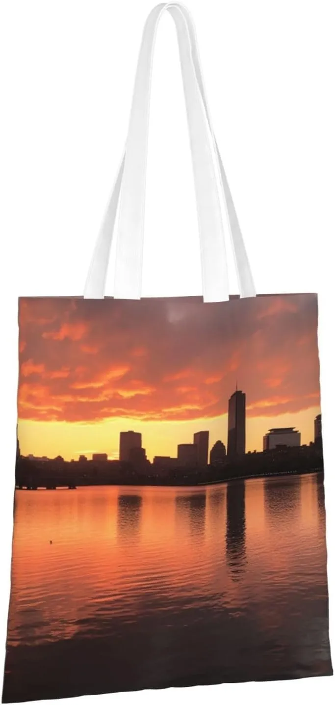 Canvas Aesthetic Tote Bag for Women Handbag Boston Charles River City Skyline Sunset Reusable Grocery Bags with Handles