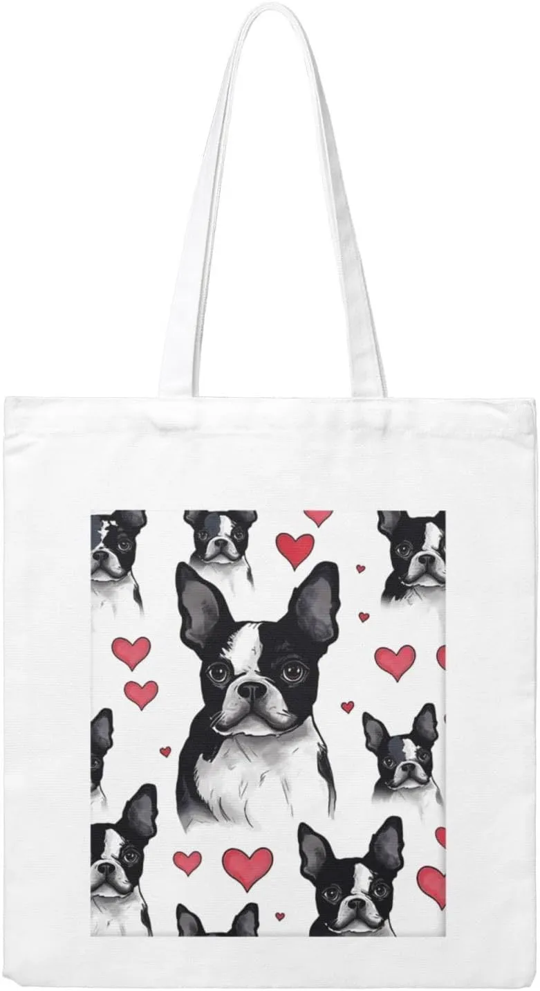 Canvas Aesthetic Tote Bag for Women Handbag Boston Terrier Dog Reusable Grocery Bags with Handles