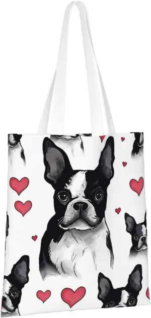 Canvas Aesthetic Tote Bag for Women Handbag Boston Terrier Dog Reusable Grocery Bags with Handles