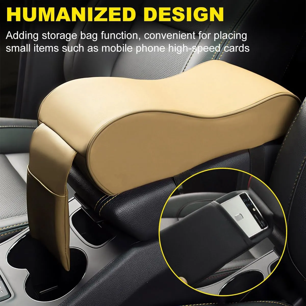 Car Armrest Cushion, Soft Memory Foam Auto Armrest Pillow with Storage Bag, Leather Center Console Arm Rest Padded Cushion with Phone Holder, Universal Car Accessories (Beige)