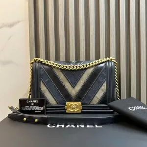 Chanel Le Boy Bag Chevron Black Leather Gold Hardware Crossbody