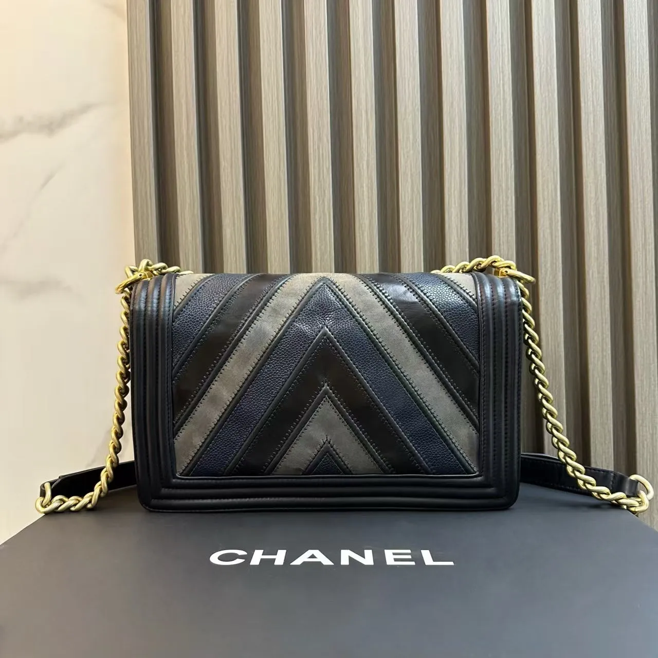 Chanel Le Boy Bag Chevron Black Leather Gold Hardware Crossbody