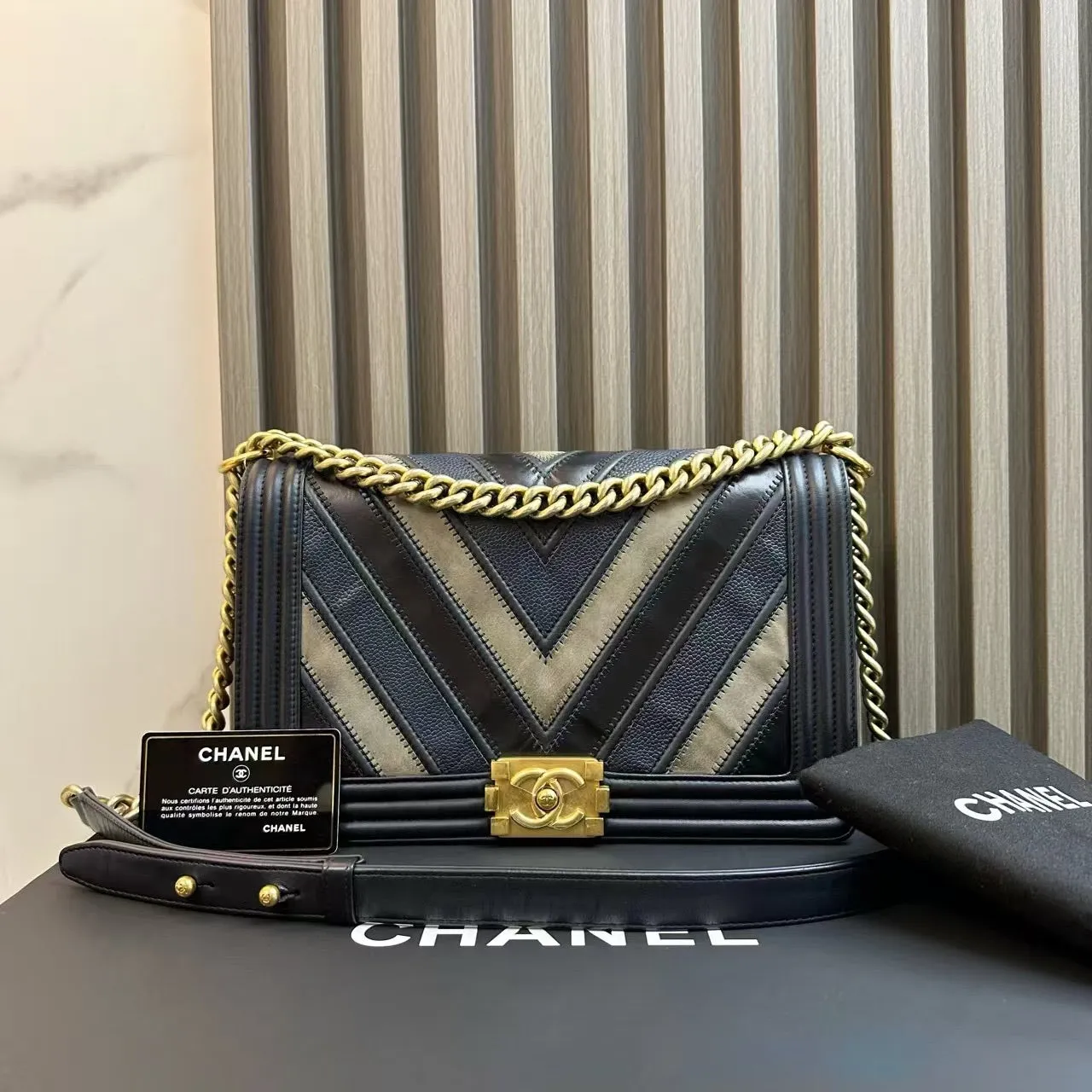 Chanel Le Boy Bag Chevron Black Leather Gold Hardware Crossbody