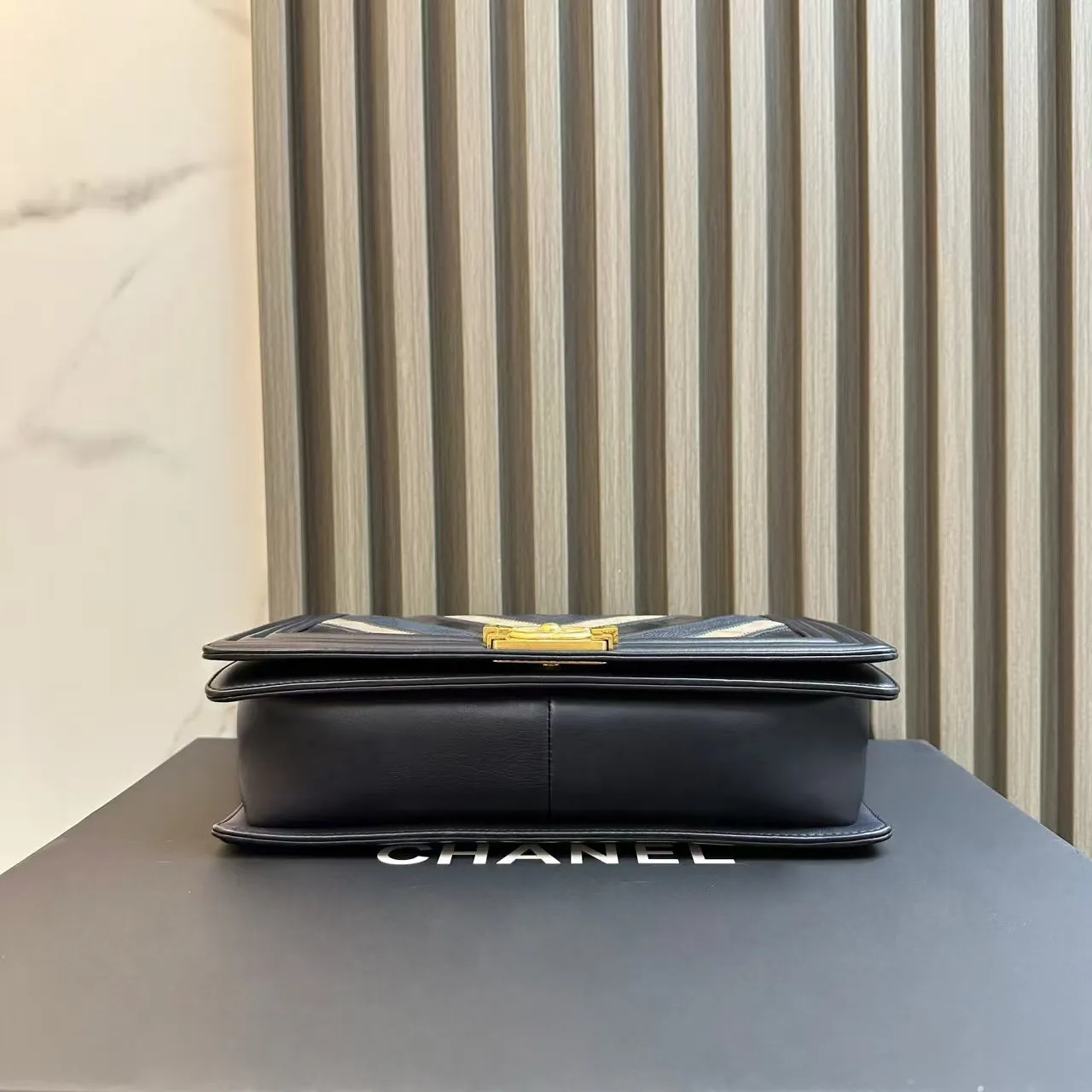 Chanel Le Boy Bag Chevron Black Leather Gold Hardware Crossbody