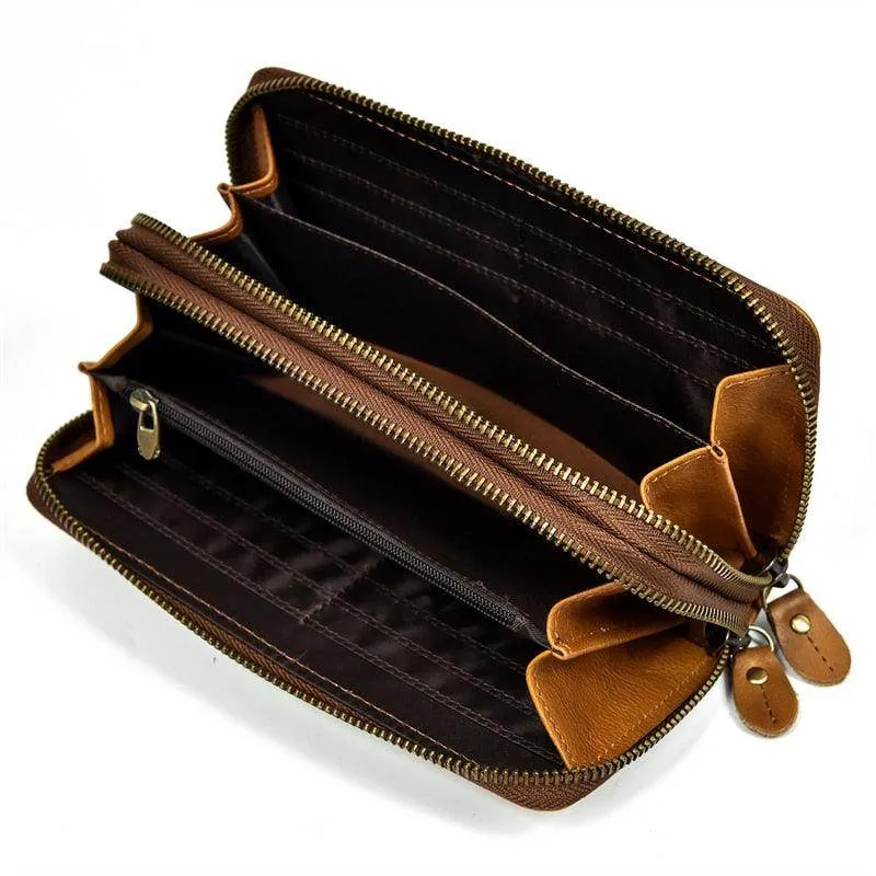 Crazy Horse Leather Wallets For Men And Women Double Zipper