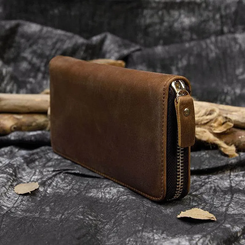 Crazy Horse Leather Wallets For Men And Women Double Zipper