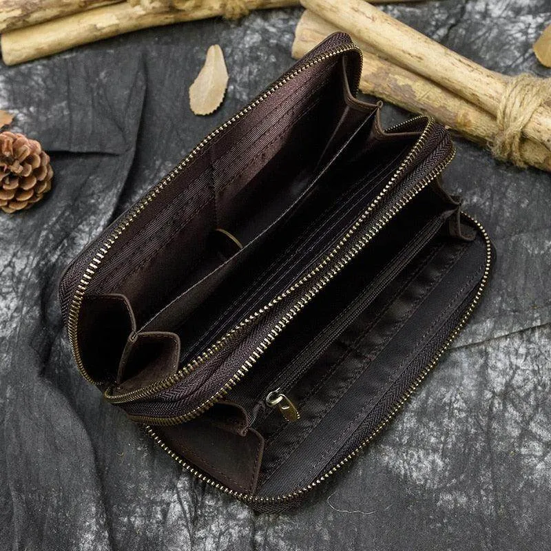 Crazy Horse Leather Wallets For Men And Women Double Zipper