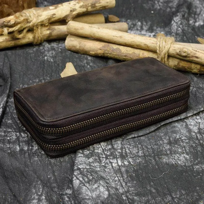 Crazy Horse Leather Wallets For Men And Women Double Zipper