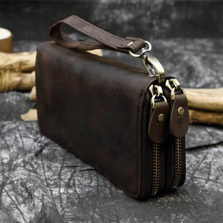 Crazy Horse Leather Wallets For Men And Women Double Zipper