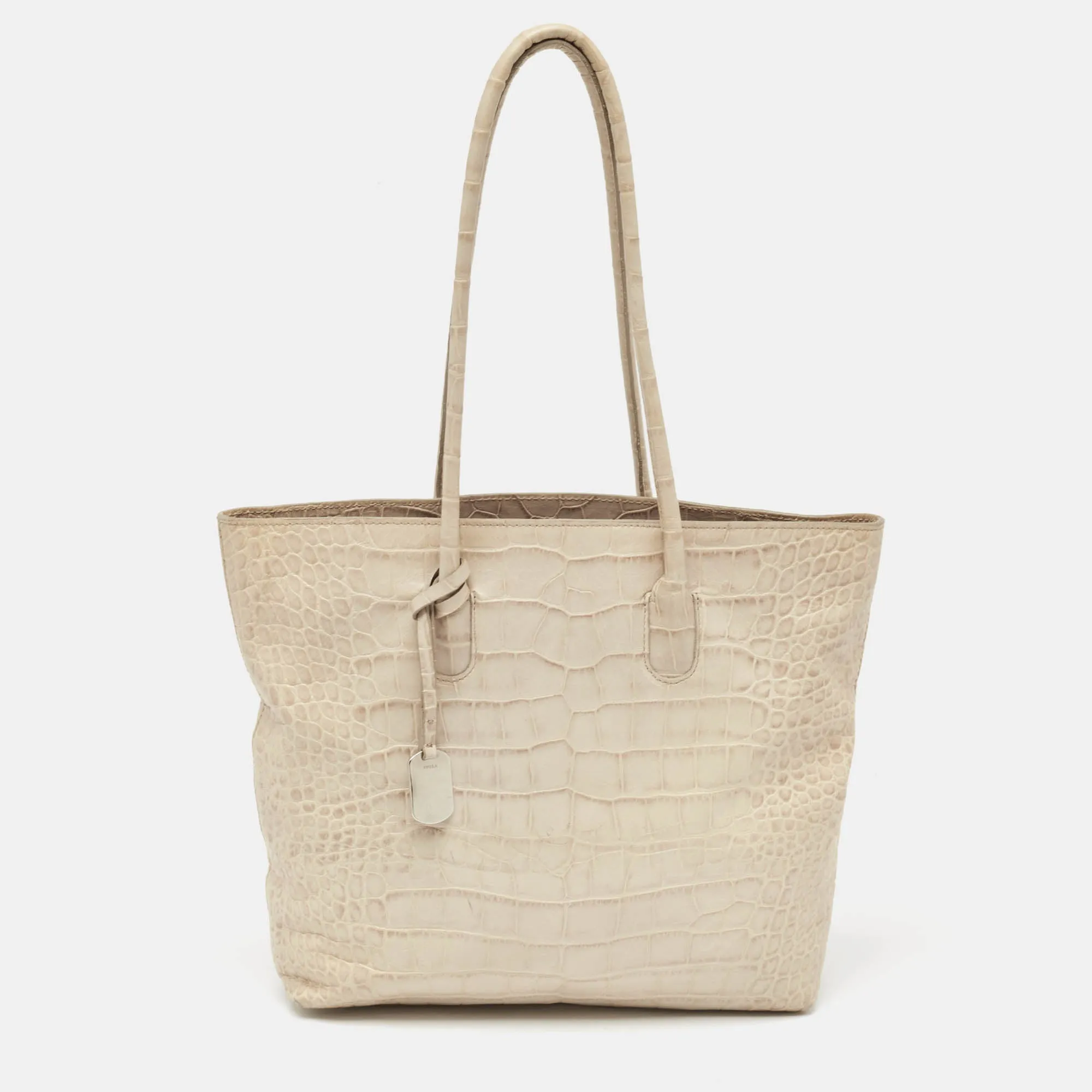 Cream Croc Embossed Leather Tote