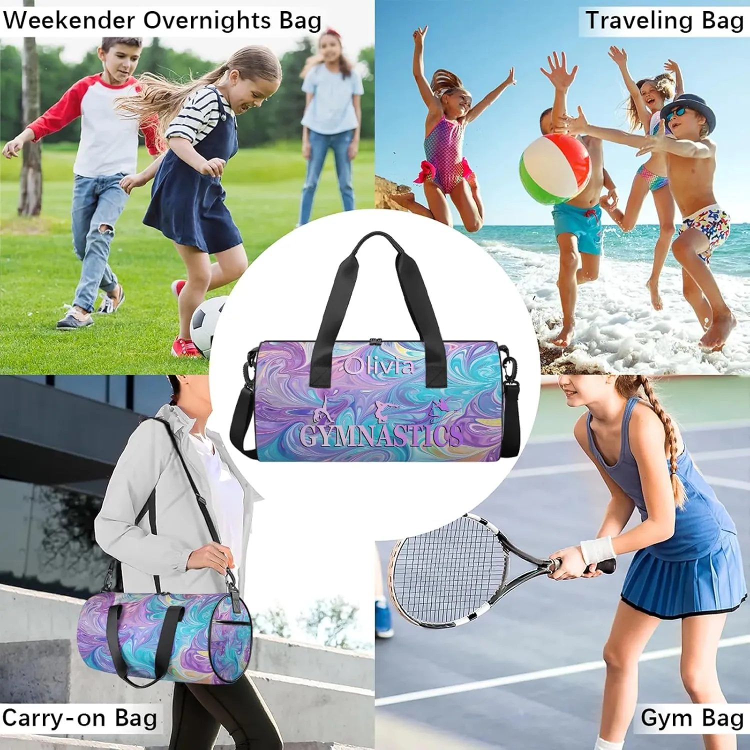 Custom Gymnastics Duffel Bag Round Personalized Name Dance Ballet Bags Waterproof