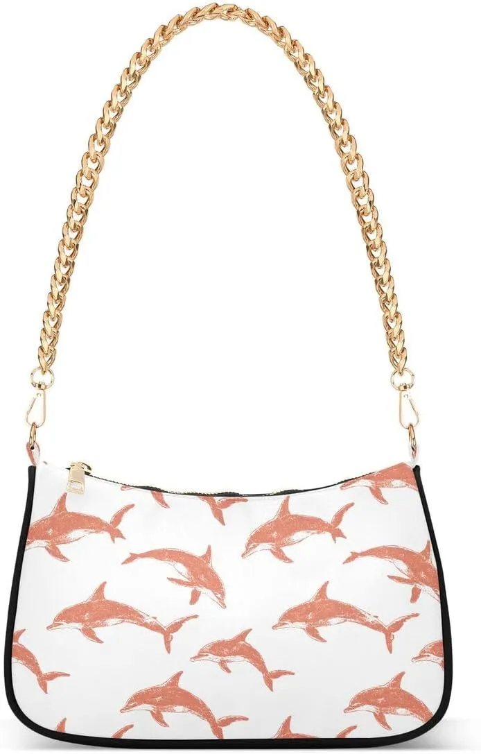 Cute Dolphin Wartercolor Tote Bag Shoulder Bag Hobo Handbag for Women Ladies Mini Clutch Purse with Zipper Closure