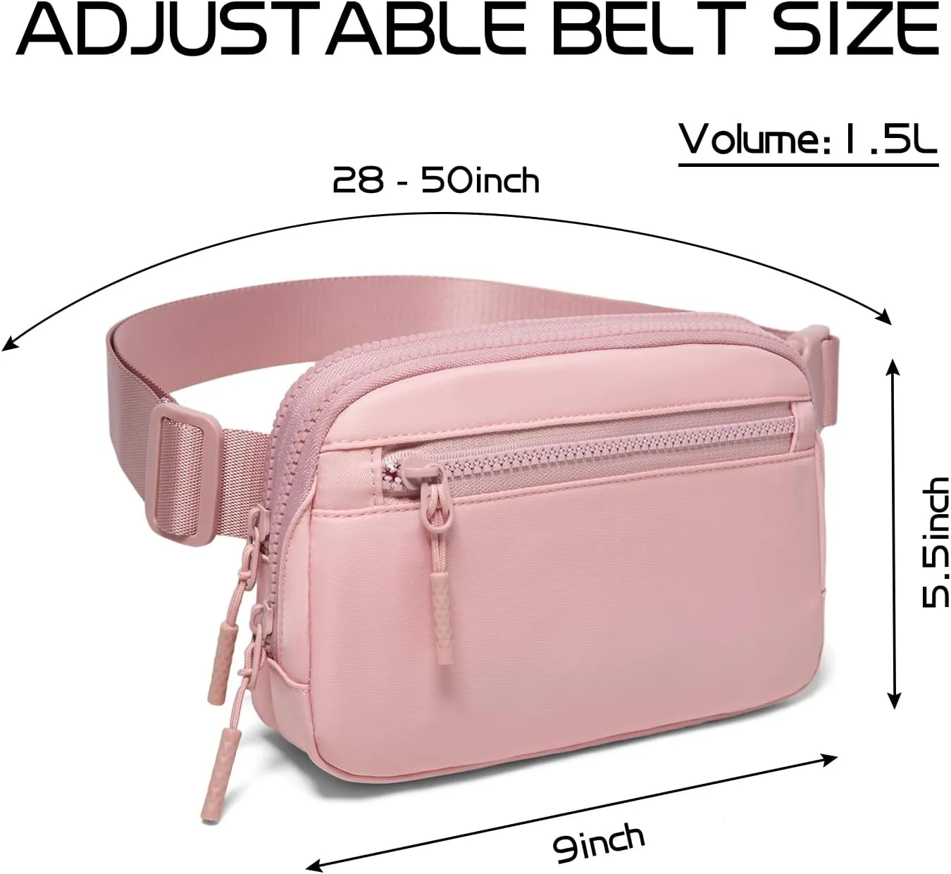 Fanny Pack Crossbody Bags for Women 1.5L Belt Bag with 3 Zipper Pockets Fashion Waist Packs Everywhere Belt Bag Cross Body Fanny Pack for Women (Pink New)
