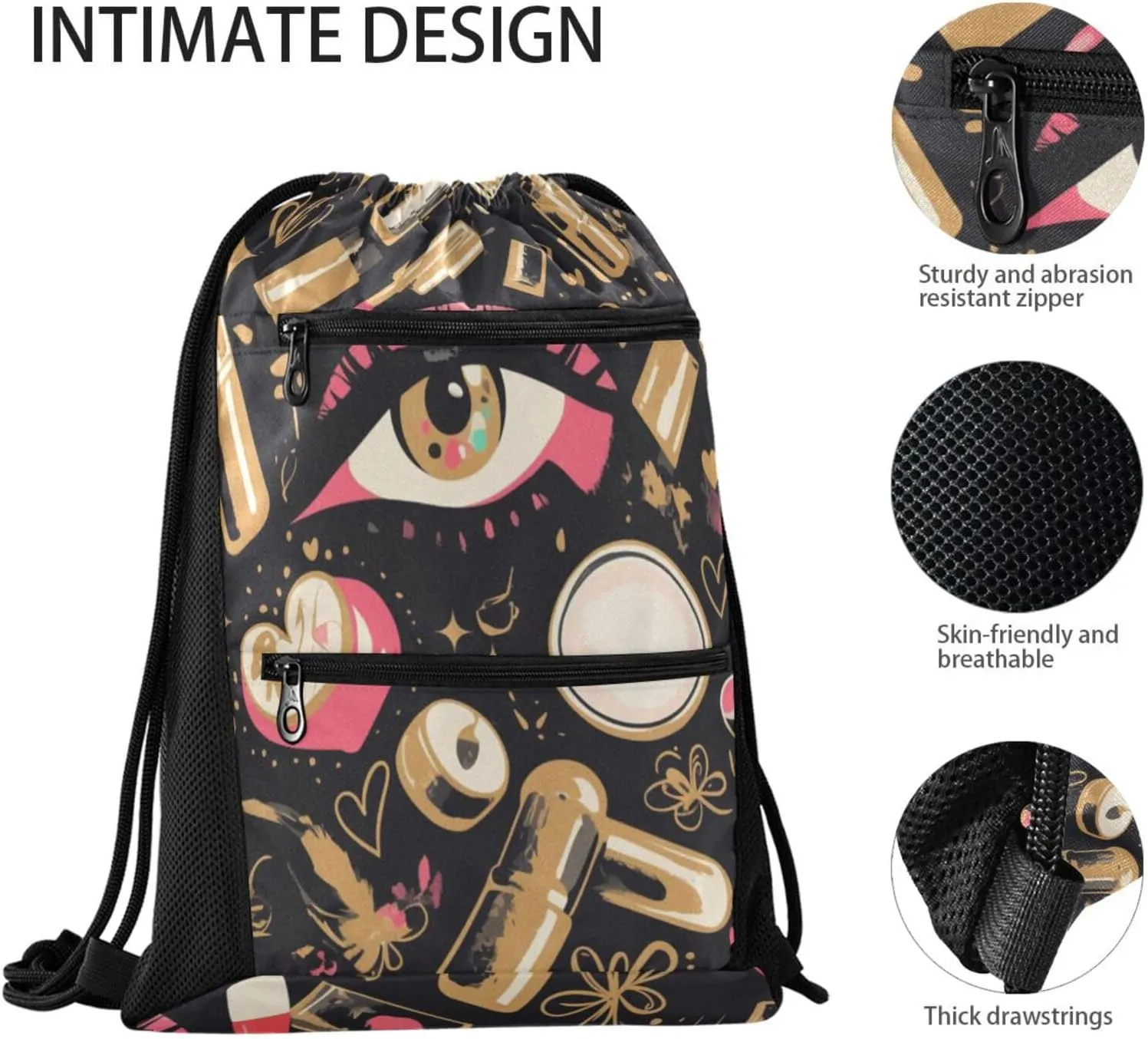 FRODOTGV Beauty Cosmetics Pattern Drawstring Backpacks Water Resistant Cinch Sack Pack With Zipper Pockets Adults Women Men for Beach Yoga