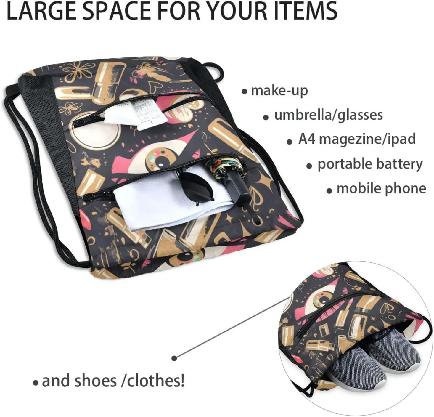 FRODOTGV Beauty Cosmetics Pattern Drawstring Backpacks Water Resistant Cinch Sack Pack With Zipper Pockets Adults Women Men for Beach Yoga