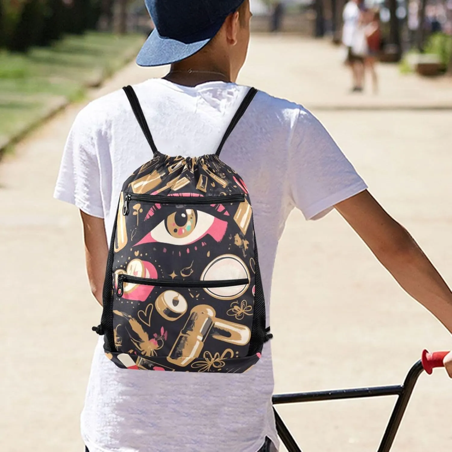 FRODOTGV Beauty Cosmetics Pattern Drawstring Backpacks Water Resistant Cinch Sack Pack With Zipper Pockets Adults Women Men for Beach Yoga
