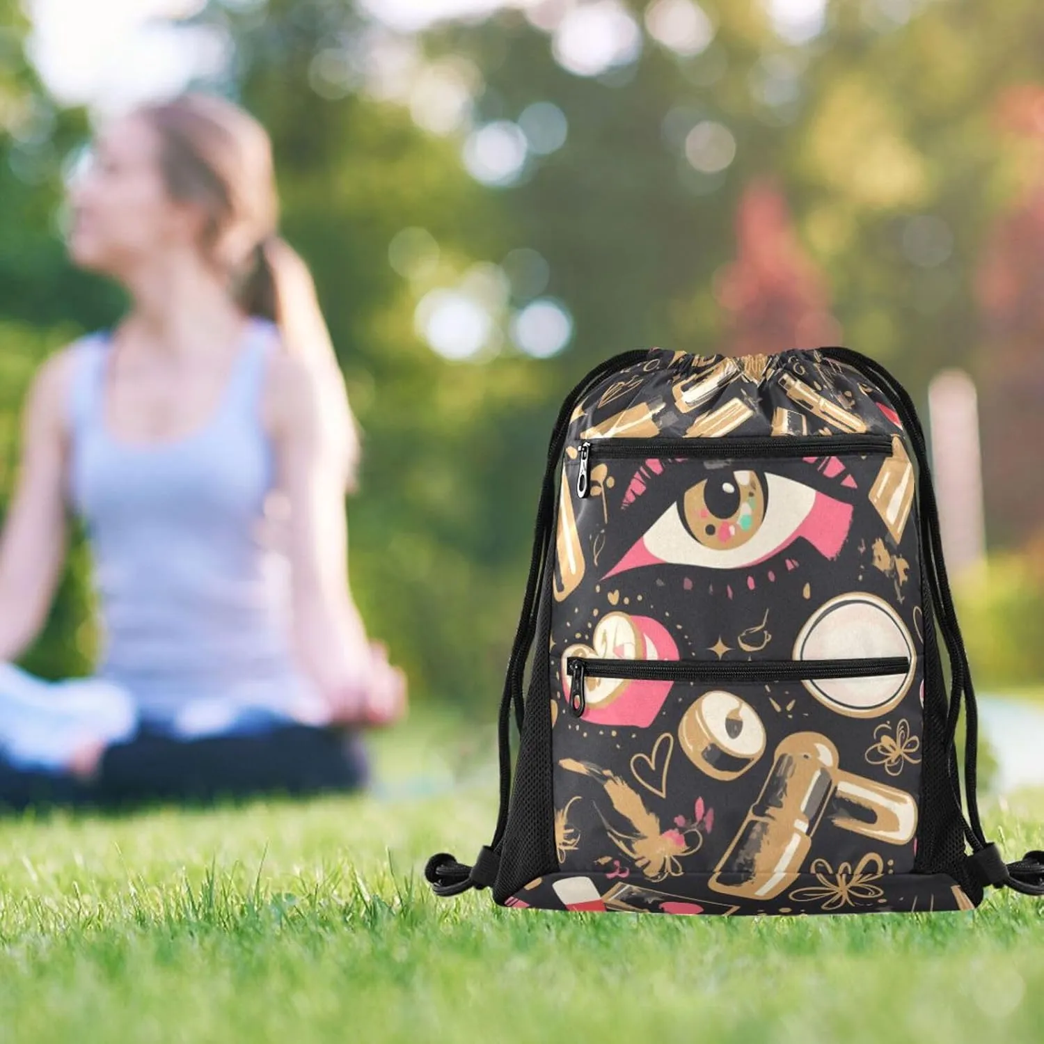 FRODOTGV Beauty Cosmetics Pattern Drawstring Backpacks Water Resistant Cinch Sack Pack With Zipper Pockets Adults Women Men for Beach Yoga