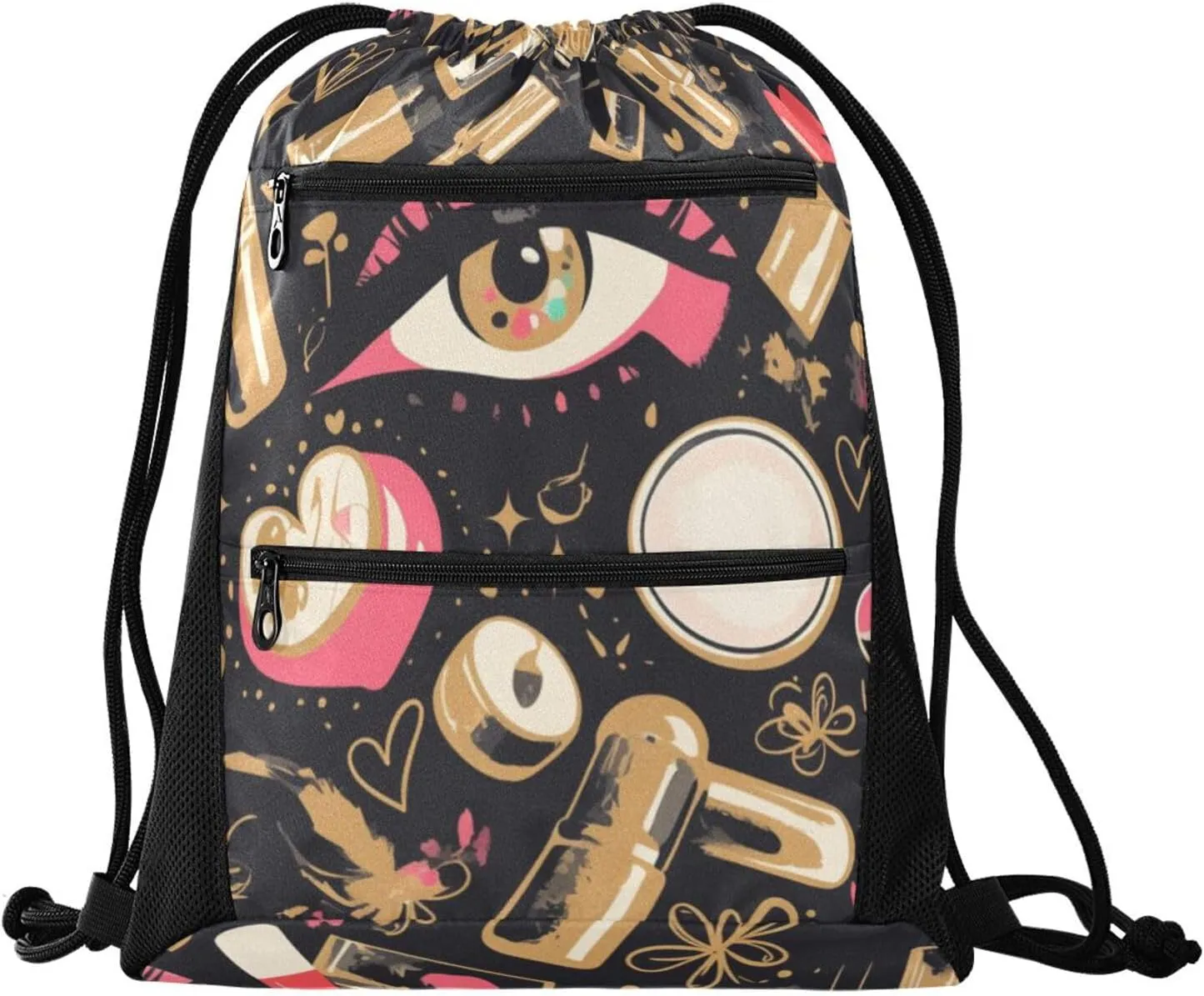 FRODOTGV Beauty Cosmetics Pattern Drawstring Backpacks Water Resistant Cinch Sack Pack With Zipper Pockets Adults Women Men for Beach Yoga