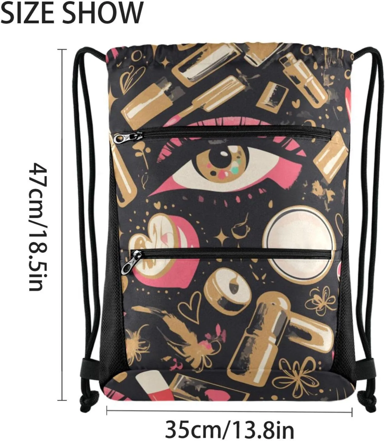 FRODOTGV Beauty Cosmetics Pattern Drawstring Backpacks Water Resistant Cinch Sack Pack With Zipper Pockets Adults Women Men for Beach Yoga