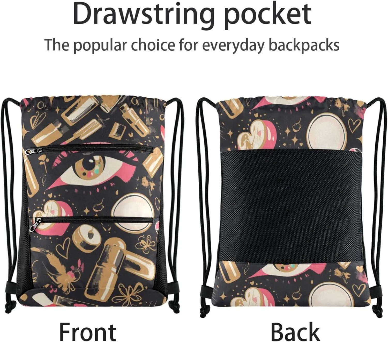 FRODOTGV Beauty Cosmetics Pattern Drawstring Backpacks Water Resistant Cinch Sack Pack With Zipper Pockets Adults Women Men for Beach Yoga