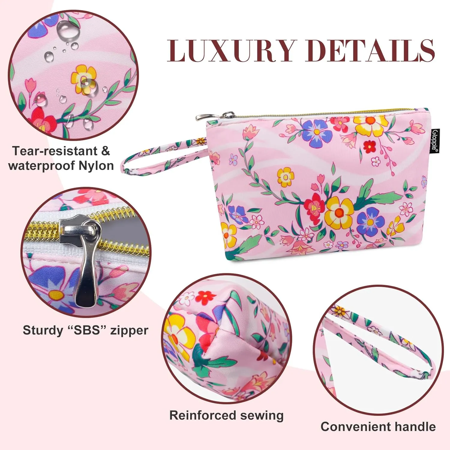 Gloppie Pink Small Makeup Bag for Purse - Cosmetic Bags for Women - Floral Makeup Pouch with Handle