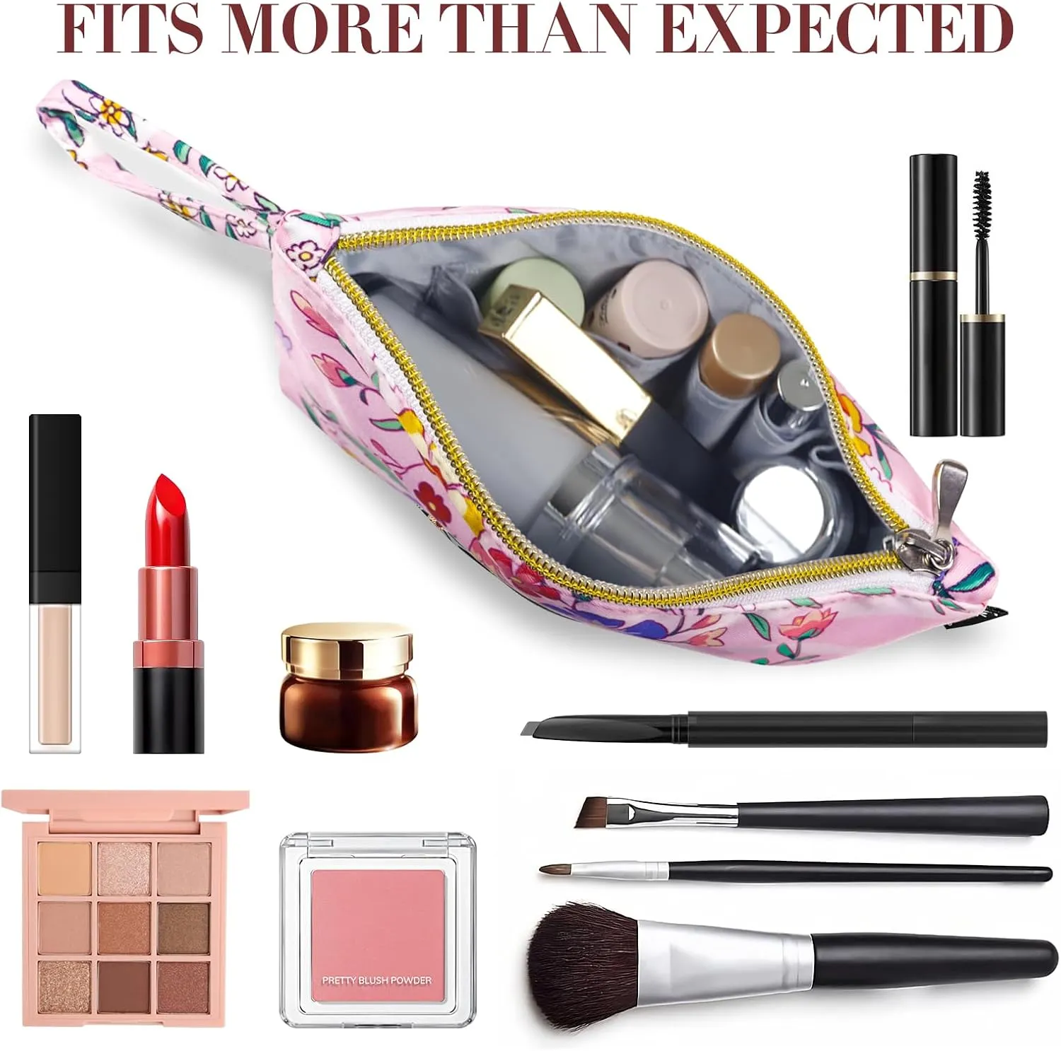 Gloppie Pink Small Makeup Bag for Purse - Cosmetic Bags for Women - Floral Makeup Pouch with Handle