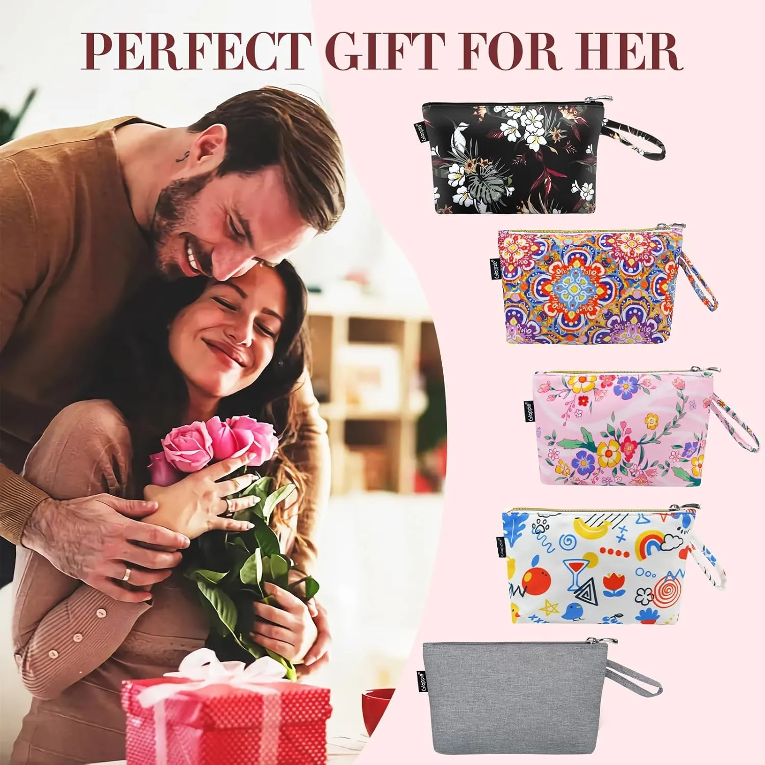 Gloppie Pink Small Makeup Bag for Purse - Cosmetic Bags for Women - Floral Makeup Pouch with Handle