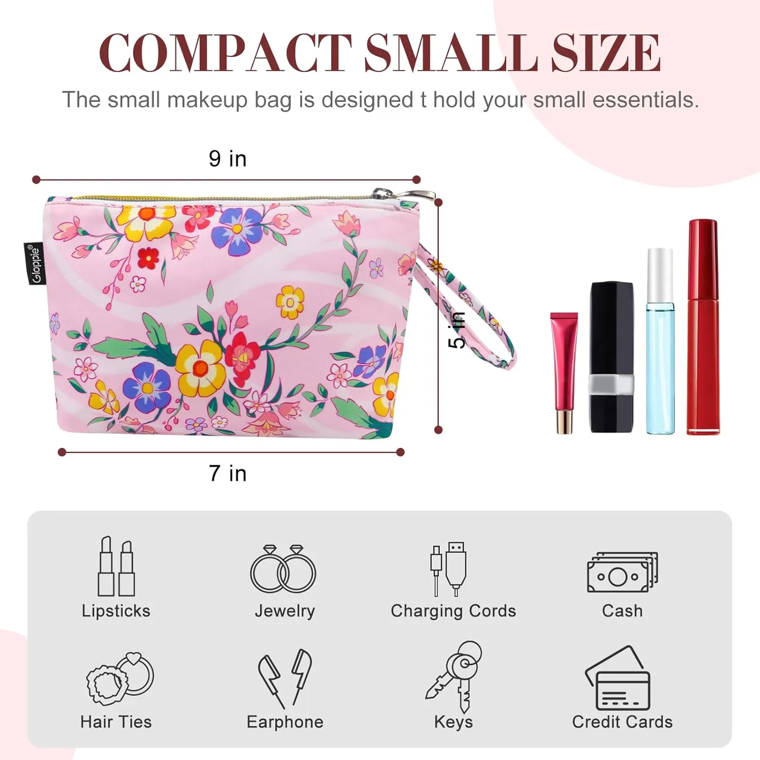 Gloppie Pink Small Makeup Bag for Purse - Cosmetic Bags for Women - Floral Makeup Pouch with Handle