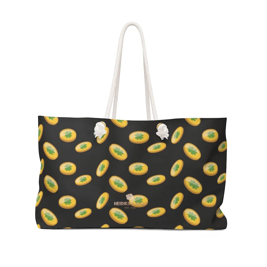 Gold Coins Print Weekender Bag, Black Green St. Patrick's Day Irish Print 24"x13" Bag