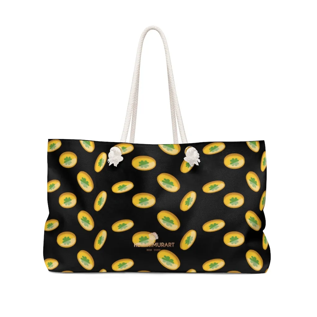 Gold Coins Print Weekender Bag, Black Green St. Patrick's Day Irish Print 24"x13" Bag
