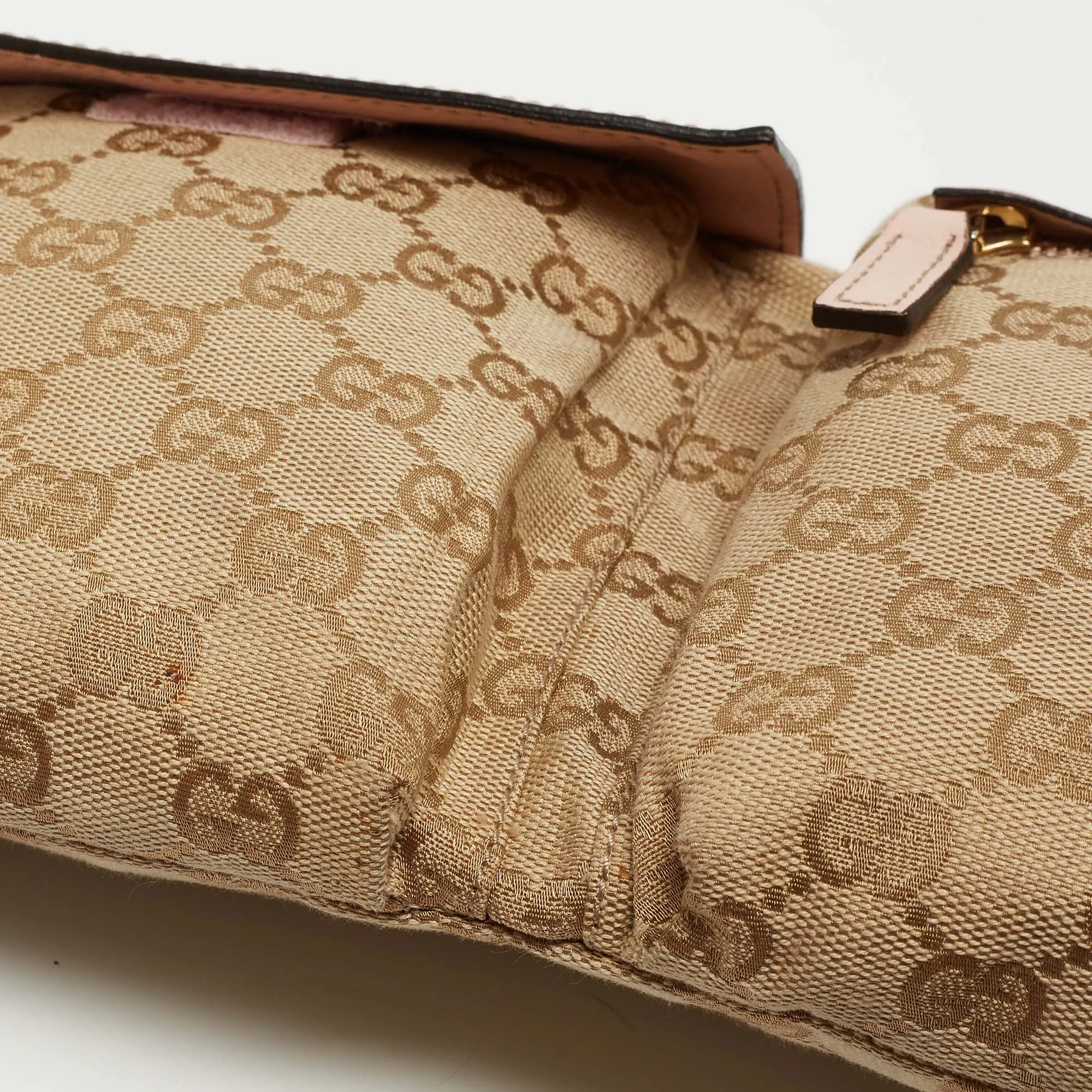 Gucci Beige/pink Gg Canvas And Leather Double Pocket Belt Bag