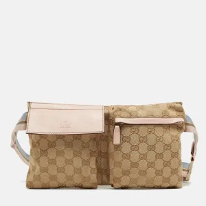 Gucci Beige/pink Gg Canvas And Leather Double Pocket Belt Bag