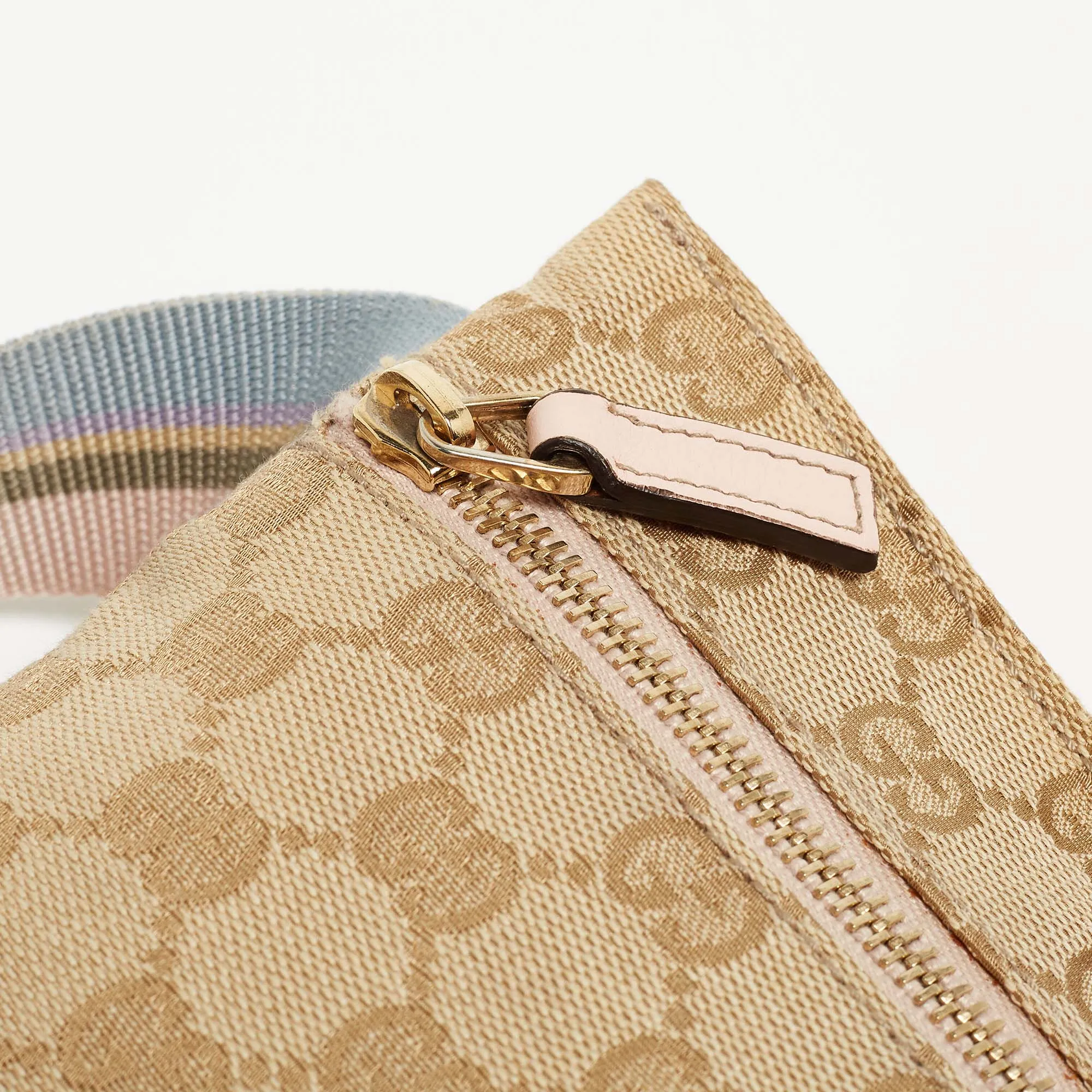 Gucci Beige/pink Gg Canvas And Leather Double Pocket Belt Bag