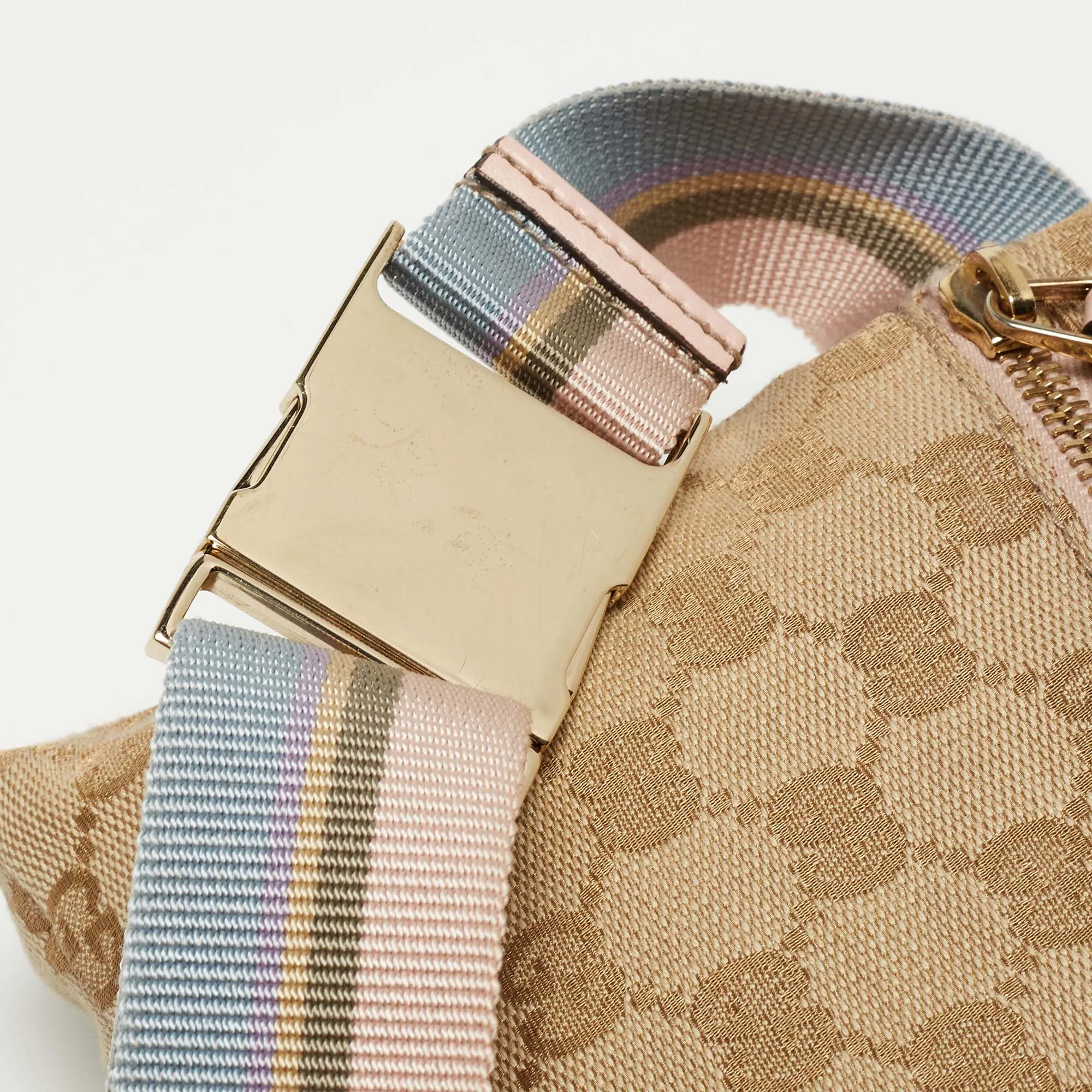 Gucci Beige/pink Gg Canvas And Leather Double Pocket Belt Bag